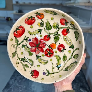 Tomato Peas Salad Plate, Hand Painted Floral Stoneware Bowl, Ceramic Food Lover Gift, Handcrafted Serving Dish