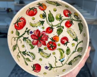 Tomato Peas Salad Plate Set, Hand Painted Floral Stoneware Bowl, Ceramic Food Lover Gift, Handcrafted Serving Dish