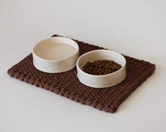 Brown knitted pet placemat, handmade dog bowl mat, cute feeding mat, gift for pets