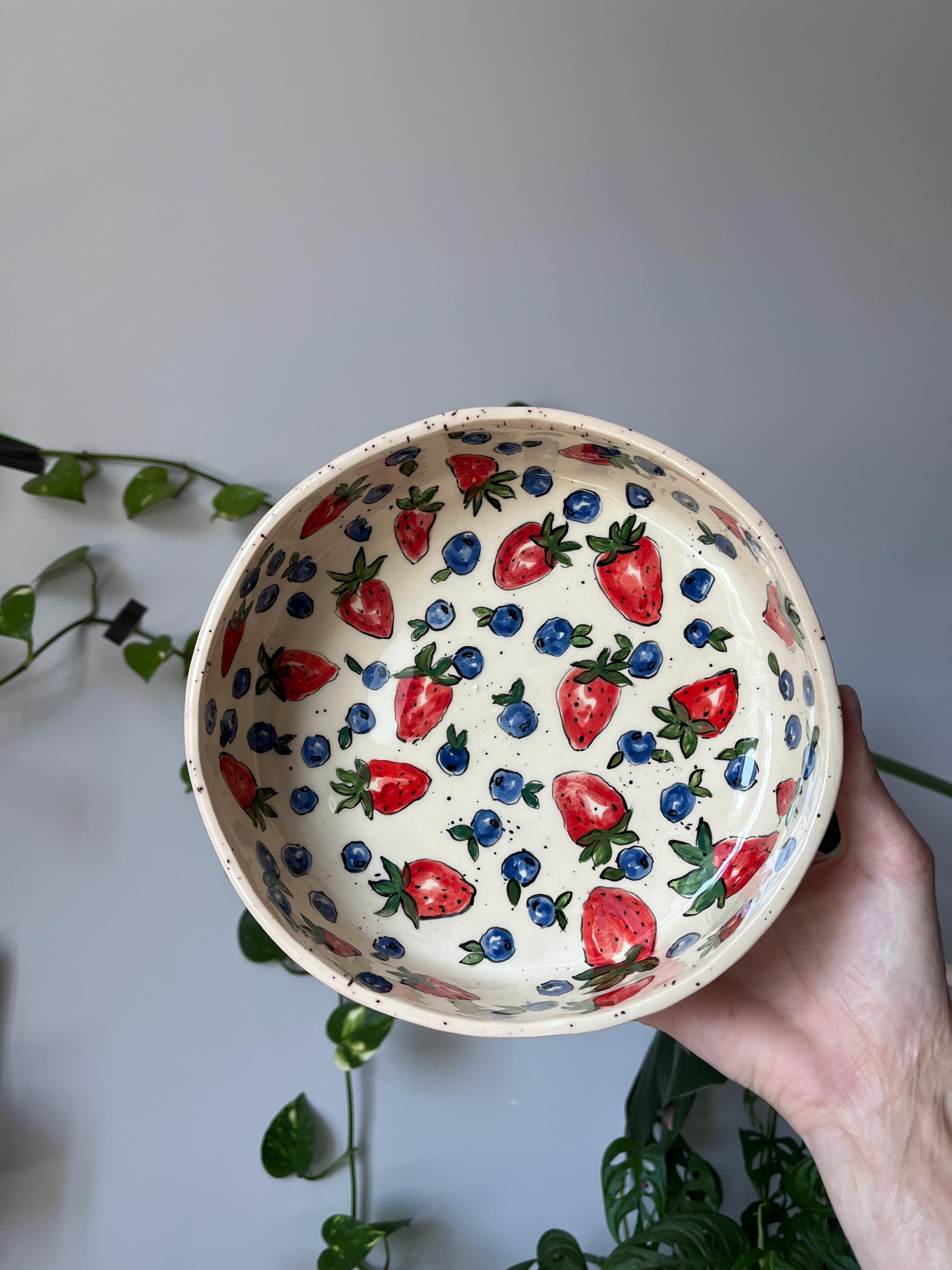 Stoneware Plate with Berries, Hand Painted Salad Bowl, Ceramic Kitchen Gift, Hand Painted Berries Bowl