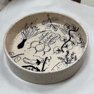 Artisan handmade botanical ceramic bowl, handpainted pottery deep serving dish