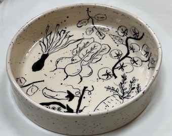 Artisan handmade botanical ceramic bowl, handpainted pottery deep serving dish