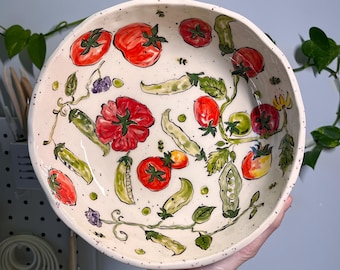 Tomato and Peas Salad Plate Set, Hand Painted Stoneware Bowl, Floral Ceramic Gift, Handcrafted Kitchen Decor