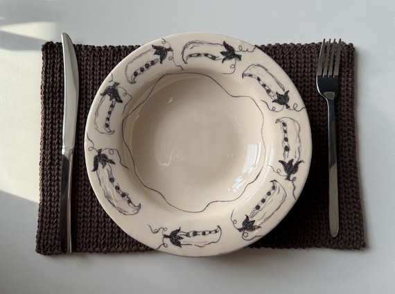 Handpainted plate with peas, handmade dinner plate, brown mat, pottery gift