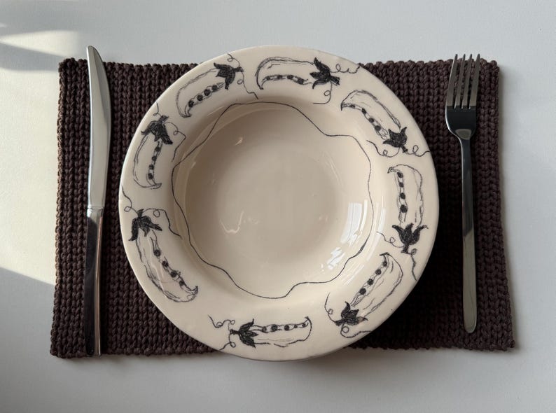 Handpainted plate with peace print, handmade dinner plate, brown mat, pottery gift