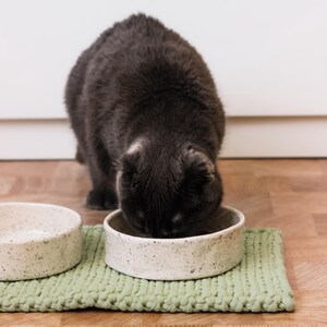 May include: Two round, off-white ceramic bowls with black speckles sit on a rectangular, light green, chunky knit mat. A dark grey cat is positioned over one of the bowls, eating from it. The bowls have low, straight sides and a smooth finish.