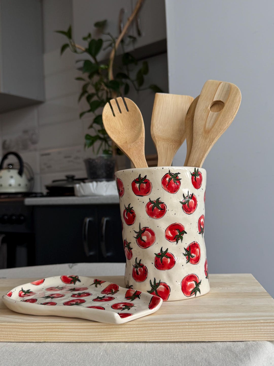 Artisan kitchenware, organic shaped utensil holder and hand painted tomato spoon rest, wedding gift - Utensil holder M