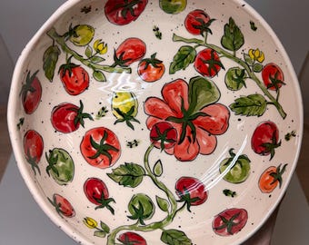 Hand Painted Tomato Salad Plate, Deep Salad Bowl Set, Ceramic Stoneware Gift, Food Safe Plate, Floral Design