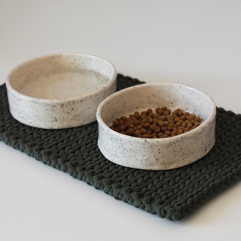 May include: Two round, speckled off-white ceramic bowls with low walls. One bowl is filled with water, and the other contains brown dry pet food. The bowls are placed on a dark green, rectangular, chunky knit fabric mat with a braided texture.