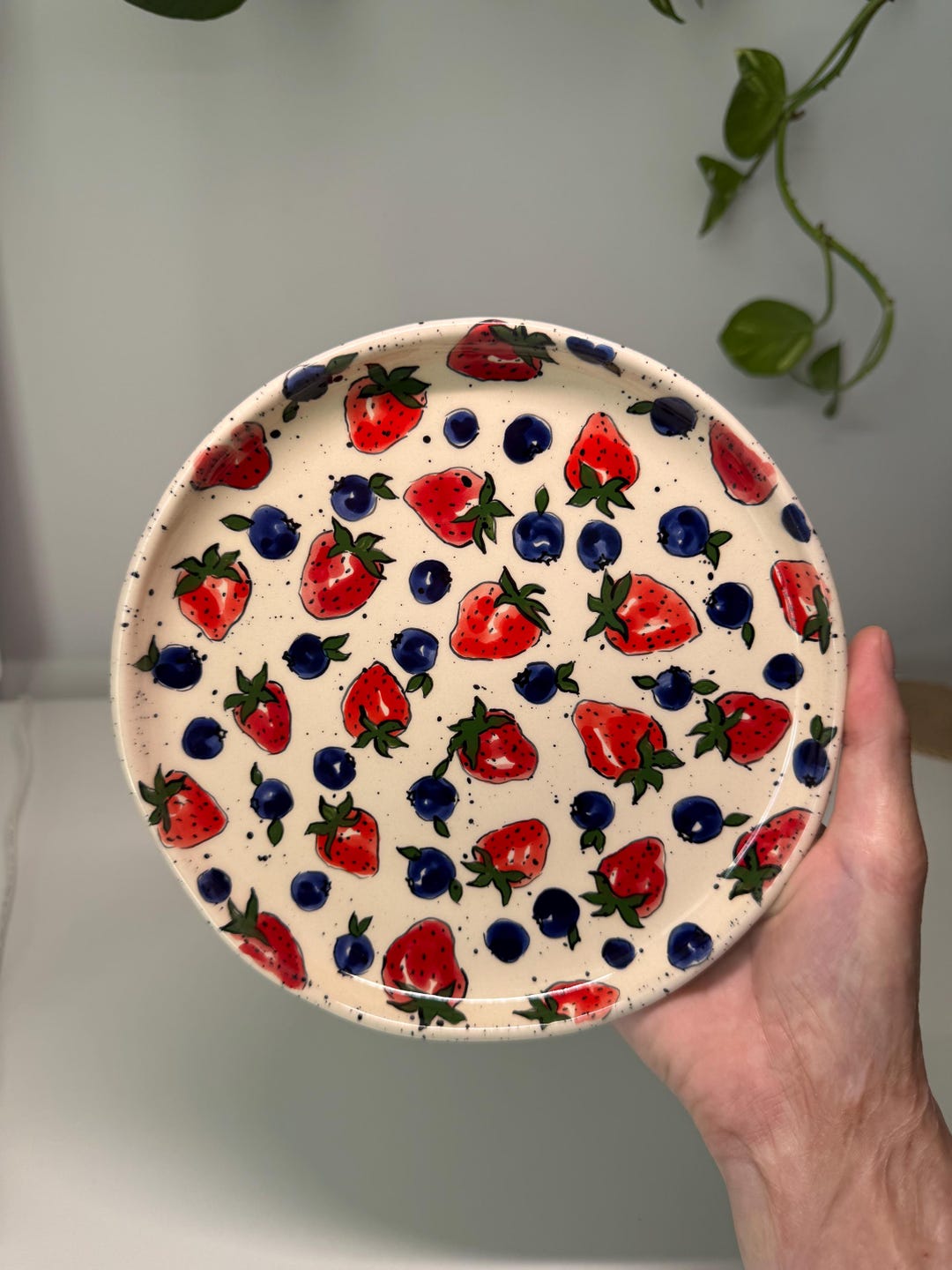Speckled Ceramic Berry Plate, Handpainted Strawberry and Blueberry Flat ...
