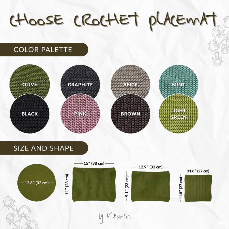 Puede incluir: Imagen que muestra manteles individuales de ganchillo en varios colores y formas. La paleta de colores incluye oliva, grafito, beige, menta, negro, rosa, marr&oacute;n y verde claro. Los tama&ntilde;os de los manteles individuales se muestran con medidas en cm. El texto dice "CHOOSE CROCHET PLACEMAT".