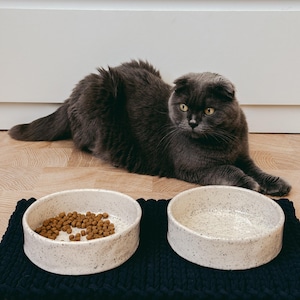 May include: Two round, speckled off-white ceramic pet bowls placed on a dark navy blue knitted mat. One bowl contains brown dry kibble, while the other is empty. A fluffy grey cat with folded ears is lying on the floor behind the bowls.