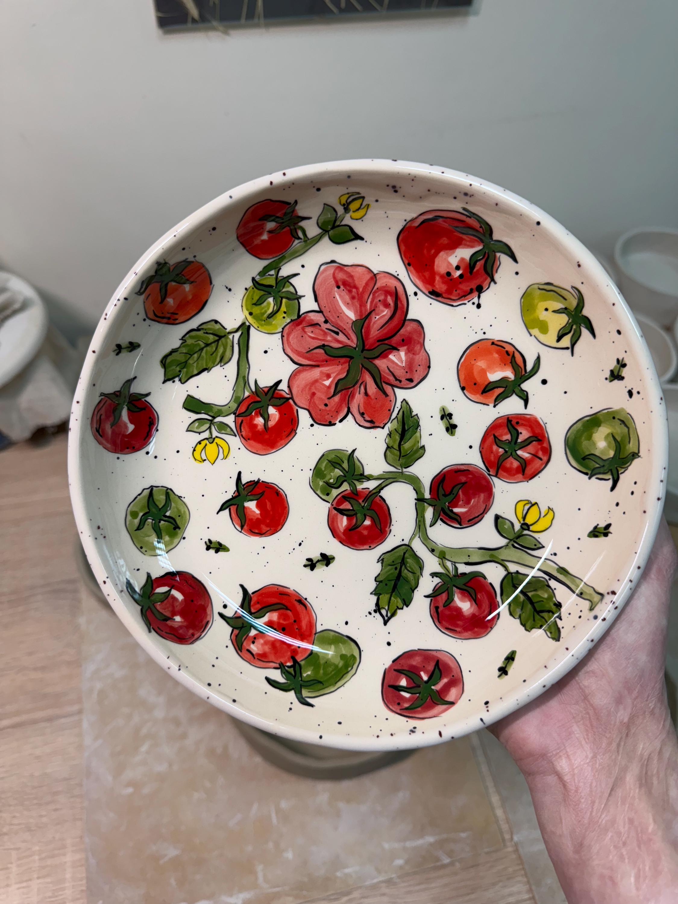 Food Safe Ceramic Deep Salad Plate, Hand Painted Vegetable Bowl, Stoneware Plate with Tomato, Unique Gift