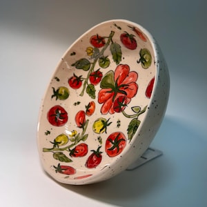 Handpainted tomato salad bowl, vegetable stoneware dish, ceramic gift, food safe, handcrafted deep plate