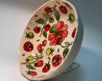 Handpainted tomato salad bowl, vegetable stoneware dish, ceramic gift, food safe, handcrafted deep plate