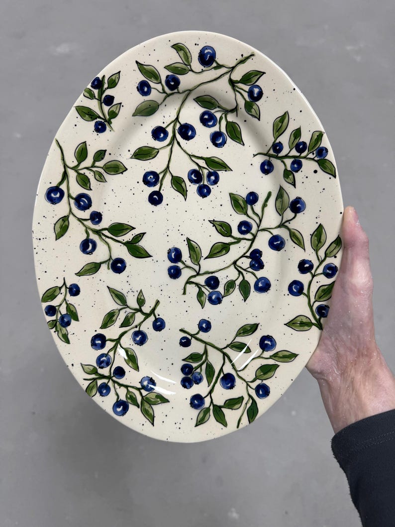 Oval Ceramic Plate, Hand-painted Blueberry Branch Design, Rustic ...