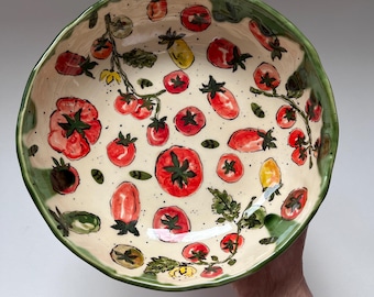 Hand Painted Floral Stoneware Bowl, Salad Ceramic Plate with Green Rim – Hand Painted Ceramic Bowl, Handcrafted Floral Pottery Ceramic Dish