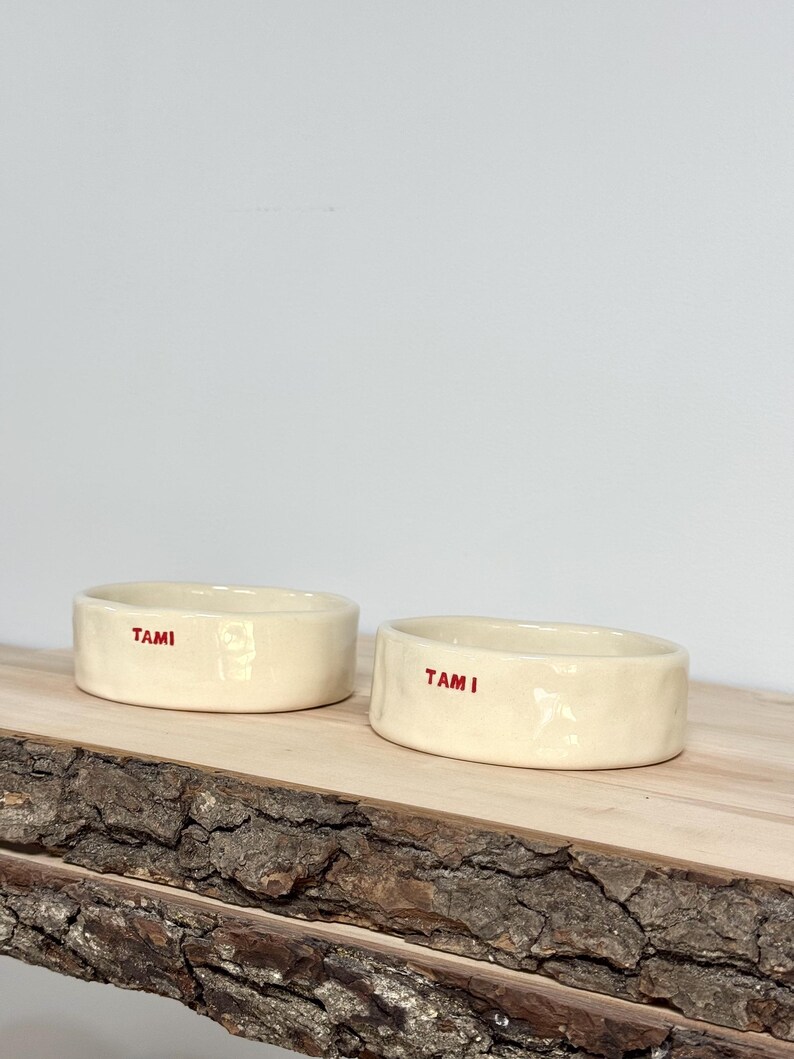 May include: Two off-white ceramic bowls with a slightly irregular, hand-formed texture. Each bowl features the name TAMI printed in small, bold red capital letters on the exterior side. The bowls have a smooth, glossy finish and low walls.