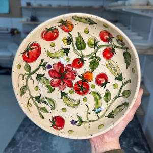 Tomato peas salad plate, hand painted stoneware bowl, ceramic serving dish, christmas gift for mom