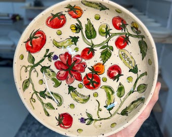 Tomato peas salad plate, hand painted stoneware bowl, ceramic serving dish, christmas gift for mom