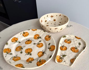 Stoneware dinnerware with pumpkin design, dish set of 3, halloween handpainted pottery set, fall gift for mom