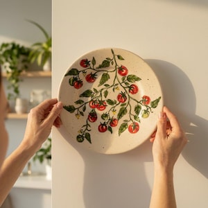 以下が含まれることがあります： 赤と緑のトマトと葉が描かれた、手描きのトマトのつるのデザインが施された、丸いオフホワイトのセラミックプレート。 プレートは斑点のある質感で、2つの手で持たれています。