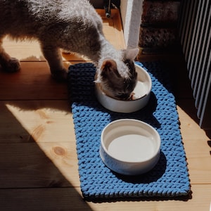 May include: A rectangular blue crocheted mat featuring a thick, braided texture. Two smooth, white ceramic bowls are placed on the mat, one containing food and the other containing water. The mat provides a stable base for the two pet feeding bowls.