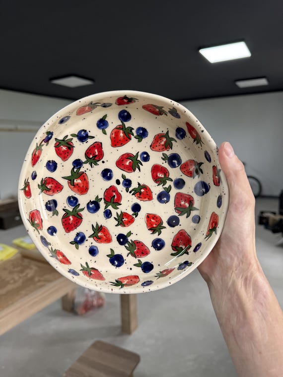 Strawberry painting stoneware bowl, ceramic cereal bowl, handmade berry pottery