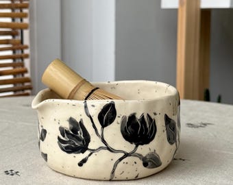 Floral ceramic handpainted matcha bowl, tea bowl, ceramic chawan, housewarming gift