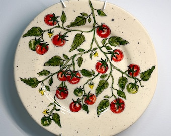Tomate Design Keramik Wandplatte, handbemalte botanische Keramik, Wandbehang Kunst