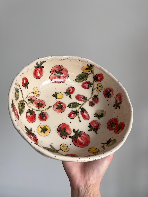 Tomato ceramic bowl with speckled glaze, large serving bowl for salad, handpainted pottery, mother of groom gift
