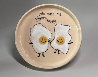 手描きの陶器製ランチプレート、面白い文字が書かれた目玉焼き用陶器皿