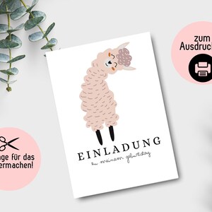 Invitation cards children&#39;s birthday, invitations for children&#39;s birthday, invitation cards craft, DIY template for self-design Lama Pastel