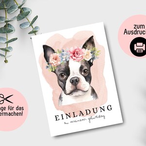 Zaproszenia urodzinowe z motywem psa, zaproszenia z wieńcem kwiatowym, buldog do samodzielnego wykonania, szablon DIY do samodzielnego zaprojektowania