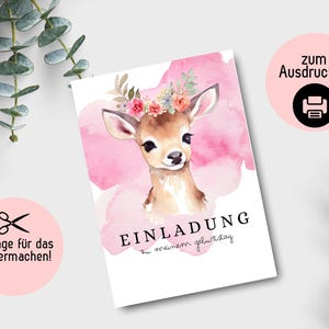 Einladungskarten Kindergeburtstag, Einladungen für Kindergeburtstag, Einladung zum Basteln, DIY Vorlage zum selbst gestalten Reh Kids