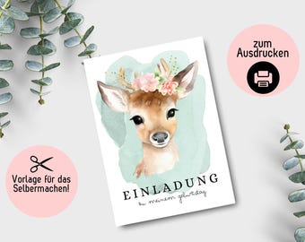 Deer-themed children's birthday party invitations, invitations with flower wreath, animal-themed craft invitations, DIY template for designing your own party