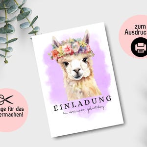 Einladungskarten Kindergeburtstag, Einladungen für Kindergeburtstag, Einladungskarten Basteln, DIY Vorlage zum selbst gestalten Lama Lila