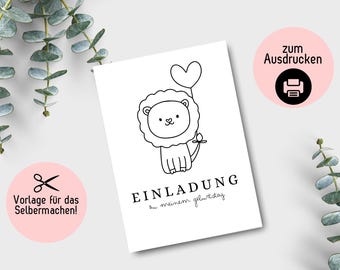 Zaproszenia na urodziny dzieci, zaproszenia na urodziny dzieci, rękodzieło z zaproszeń, szablon DIY do zaprojektowania lwa