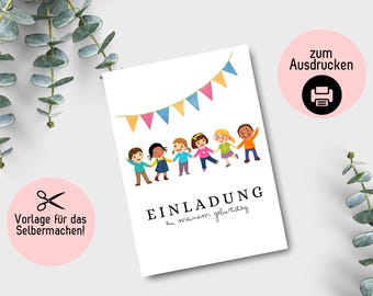 Invitation cards pennant chain children's birthday, invitations for children's birthday, invitation cards craft, DIY template, birthday party,