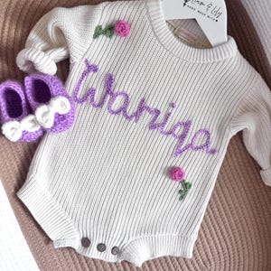 Personalized Knit Romper with Crochet Booties Set | Custom Baby Outfit | Hand Embroider Name Romper and Matching Booties | Neutral Baby Gift