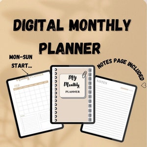 May include: A digital monthly planner for Goodnotes, Notability, and Noteshelf. The planner features a calendar with a notes page. The calendar is on a tablet with a brown background.