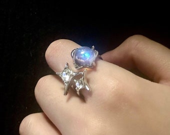 Sterling Silver Moonstone Ring: Chunky Star Diamond Open Ring
