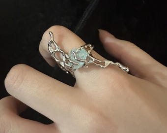 Silver Finish Gemstone Ring: Handmade Liquid Metal Thorns Statement Jewelry
