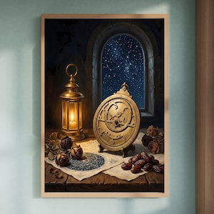 Arte mural de bodegón con astrolabio islámico, impresión de pintura al óleo celestial, linterna vintage con mapa estelar, rosas y dátiles, decoración musulmana para el hogar, regalo para el Nikkah.