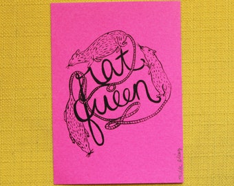 Screen Printed Rat Queen 5 x 7 Art Print in Pink