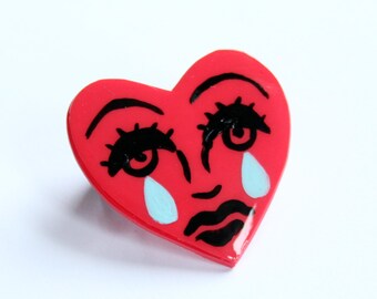 Sad Heart Resin Coated Brooch Tattoo Heart Pin