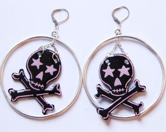 Pink Skull and Crossbones Hoop Resin Coated Earrings