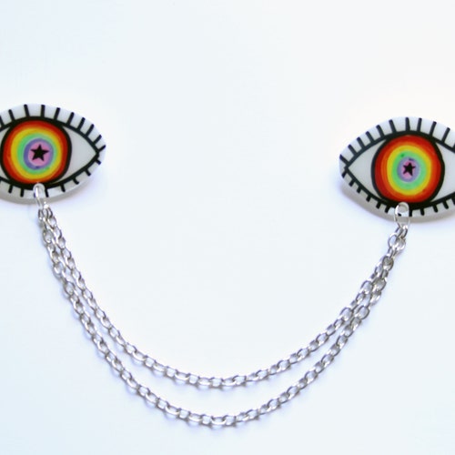 Rainbow Star Eyes Collar Pin Set w/ Chain / Queer Pride Pin