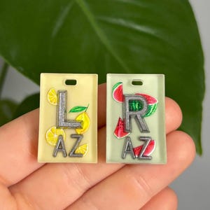 May include: Two rectangular resin charms. One is yellow with lemon slices, the letter "L", and the letters "AZ". The other is light green with watermelon slices, the letter "R", and the letters "AZ". Both have a small hole at the top.