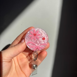 Pink shimmer floral & bow badge reel | Cute Retractable ID Holder for Radiographers, Nurses, Healthcare Workers